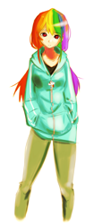 Size: 1490x3544 | Tagged: safe, artist:derpiihooves, character:rainbow dash, species:human, clothing, female, humanized, jacket, looking at you, simple background, solo, white background