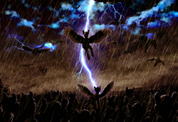 Size: 1209x833 | Tagged: safe, artist:adolphbartels, species:pegasus, species:pony, cloud, cloudy, flying, herd, lightning, looking up, rain, raincloud, silhouette, spread wings, storm, stormcloud, wings