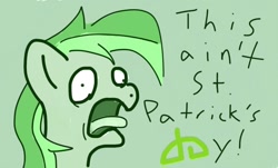 Size: 1062x640 | Tagged: safe, artist:phat_guy, derpibooru original, oc, oc only, oc:darkest hour, species:pony, april fools, april fools 2017, bust, derp, deviantart logo, dialogue, english, faec, female, green, holiday, loose hair, mare, monochrome, open mouth, portrait, saint patrick's day, screaming, simple background, solo, tongue out, wall eyed, yelling
