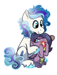 Size: 3000x3911 | Tagged: safe, artist:marukouhai, oc, oc only, oc:anthony van hoof, parent:ivory, parent:rarity, parent:spike, parents:sparity, species:dracony, species:dragon, species:earth pony, species:pony, eating, gem, half-siblings, high res, hybrid, interspecies offspring, offspring