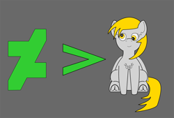 Size: 1020x691 | Tagged: safe, artist:planetkiller, character:derpy hooves, species:pegasus, species:pony, chest fluff, deviantart, ear fluff, female, gray background, greater than, mare, simple background, sitting, smiling, solo, underhoof
