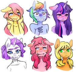 Size: 620x589 | Tagged: safe, artist:pettankochanv, character:applejack, character:fluttershy, character:pinkie pie, character:rainbow dash, character:rarity, character:twilight sparkle, species:anthro, alternate hairstyle, blushing, crying, head, looking at you, mane six, pigtails, simple background, sweat, varying degrees of want, white background