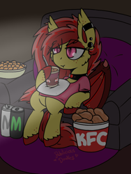 Size: 960x1280 | Tagged: safe, artist:php62, oc, oc only, oc:ruby splash, species:bat pony, species:chicken, species:pony, can, choker, clothing, couch, cup, ear piercing, earring, eyeshadow, food, freckles, ice cream, jewelry, kfc, lidded eyes, makeup, piercing, shirt, sitting, solo, unshorn fetlocks