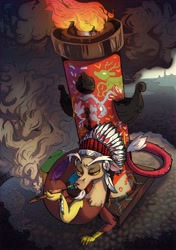Size: 1522x2160 | Tagged: safe, artist:locksto, character:discord, species:draconequus, fire, headdress, indian, male, native american, pipe, smoke, smoking, solo, totem