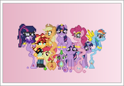 Size: 504x350 | Tagged: safe, artist:verve, character:apple bloom, character:applejack, character:pinkie pie, character:rainbow dash, character:spike, character:sunset shimmer, character:twilight sparkle, character:twilight sparkle (alicorn), character:twilight sparkle (scitwi), species:alicorn, species:eqg human, species:pony, my little pony:equestria girls, ain't never had friends like us, armband, ask genie twilight, bottle, erlenmeyer flask, gem, genie, gradient background, headband, human ponidox, jewelry, looking at you, multeity, pixel art, ponidox, scar, self ponidox, smiling, sparkle sparkle sparkle, twolight, wing jewelry