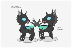 Size: 1199x810 | Tagged: safe, artist:planetkiller, species:changeling, dock, intertwined tails, looking at each other, pun, simple background, tail, text