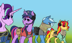 Size: 1003x596 | Tagged: safe, artist:phobicalbino, character:starlight glimmer, character:sunset shimmer, character:trixie, character:twilight sparkle, character:twilight sparkle (alicorn), species:alicorn, species:pony, species:unicorn, bandana, belt, clothing, counterparts, crossover, female, ghost recon, ghost recon wildlands, goggles, hat, headphones, headset, magical quartet, pouch, twilight's counterparts, ubisoft, walkie talkie
