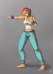 Size: 777x1100 | Tagged: safe, artist:lexx2dot0, character:rainbow dash, species:human, abs, barefoot, breasts, clothing, feet, female, humanized, midriff, multicolored hair, pants, solo, sweatband, tank top, training