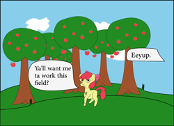 Size: 1468x1063 | Tagged: safe, artist:planetkiller, character:apple bloom, species:earth pony, species:pony, accent, apple, apple tree, cloud, eeyup, female, filly, food, implied big macintosh, looking at you, offscreen character, raised hoof, sweet apple acres, text, tree, y'all