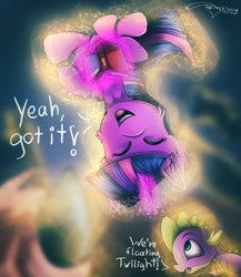 Size: 2600x3000 | Tagged: safe, artist:ferasor, character:spike, character:twilight sparkle, character:twilight sparkle (alicorn), species:alicorn, species:dragon, species:pony, episode:a flurry of emotions, g4, my little pony: friendship is magic, best aunt ever, book, duo, eyes closed, floating, glowing horn, magic, smiling