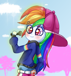 Size: 1280x1359 | Tagged: dead source, safe, artist:vixelzf, character:rainbow dash, episode:get the show on the road, eqg summertime shorts, g4, my little pony: equestria girls, my little pony:equestria girls, clothing, cute, dashabetes, female, hat, microphone, rapper, rapper dash, smiling, solo