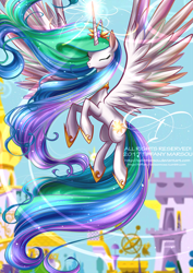 Size: 664x940 | Tagged: safe, artist:tiffanymarsou, character:princess celestia, species:alicorn, species:pony, canterlot, eyes closed, female, flying, magic, solo, spread wings, wings