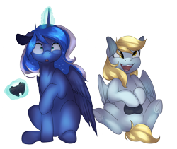 Size: 4000x3369 | Tagged: safe, artist:rue-willings, character:derpy hooves, character:princess luna, species:pegasus, species:pony, controller, enjoying, female, floppy ears, magic, mare, open mouth, simple background, sitting, surprised, telekinesis, transparent background, underhoof, wide eyes