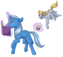Size: 4000x3619 | Tagged: safe, artist:rue-willings, character:derpy hooves, character:trixie, species:pegasus, species:pony, book, female, flying, food, magic, mare, muffin, simple background, telekinesis, transparent background