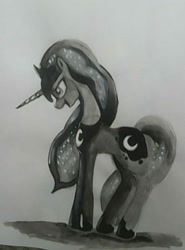 Size: 1012x1367 | Tagged: safe, artist:gunslingerpen, character:princess luna, species:pony, female, gradient background, grayscale, monochrome, open mouth, solo, traditional art