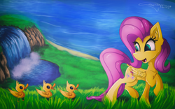 Size: 3200x2000 | Tagged: safe, artist:ferasor, character:fluttershy, species:pony, episode:fluttershy leans in, g4, my little pony: friendship is magic, cute, duck pony, duckling, female, fluttermom, looking back, mare, shyabetes, smiling, water
