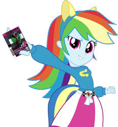 Size: 3188x3441 | Tagged: safe, artist:aqua-pony, edit, character:rainbow dash, my little pony:equestria girls, canterlot high, card, clothing, cute, decadriver, fake tail, female, helping twilight win the crown, inkscape, kamen rider, kamen rider decade, pony ears, school spirit, simple background, skirt, smiling, solo, sweater, transparent background, vector, wondercolts, wondercolts uniform