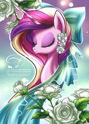 Size: 850x1179 | Tagged: safe, artist:tiffanymarsou, character:princess cadance, species:pony, bow, bust, eyes closed, female, flower, portrait, solo