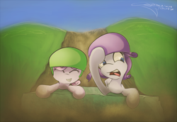 Size: 1454x1000 | Tagged: safe, artist:ferasor, character:rarity, character:sweetie belle, species:pony, species:unicorn, episode:forever filly, g4, my little pony: friendship is magic, duo, eyes closed, female, filly, helmet, hill, mare, path, signature, sisters, slab, sliding, smiling, yelling