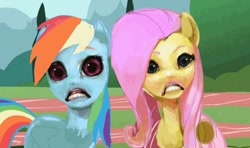 Size: 1280x759 | Tagged: safe, artist:shemhamferosh, edit, character:fluttershy, character:rainbow dash, episode:may the best pet win, g4, my little pony: friendship is magic, faec, inverted mouth, looking at you, nightmare fuel, uncanny valley, wat