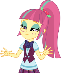 Size: 3000x3618 | Tagged: safe, artist:aqua-pony, character:sour sweet, my little pony:equestria girls, bow tie, clothing, crystal prep academy uniform, female, freckles, lidded eyes, school uniform, simple background, smiling, solo, transparent background, vector