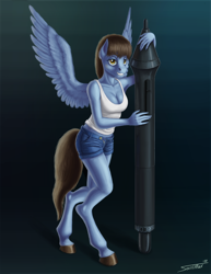 Size: 1600x2074 | Tagged: safe, artist:sa1ntmax, oc, oc only, oc:cypher, species:anthro, species:pegasus, species:pony, species:unguligrade anthro, anthro oc, breasts, cleavage, clothing, daisy dukes, female, rule 63, shorts, solo, tank top, unshorn fetlocks