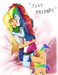 Size: 1200x1543 | Tagged: safe, artist:fromamida, character:applejack, character:rainbow dash, ship:appledash, my little pony:equestria girls, bed, blushing, butt touch, clothing, compression shorts, cute, dashabetes, denim skirt, female, hand on butt, jackabetes, just friends, kneeling, legs, lesbian, long hair, looking at each other, rainbow socks, shipping, sitting, skirt, skirt lift, socks, striped socks