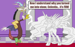Size: 936x589 | Tagged: safe, artist:death-driver-5000, character:discord, character:princess celestia, species:alicorn, species:draconequus, species:pony, episode:the return of harmony, g4, my little pony: friendship is magic, artifact, duo, petrification, raised hoof, statue
