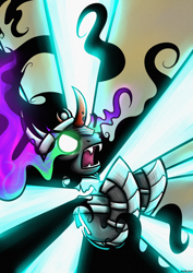 Size: 1240x1754 | Tagged: safe, artist:rambopvp, character:king sombra, species:pony, species:umbrum, episode:the crystal empire, g4, my little pony: friendship is magic, curved horn, dark magic, defeated, glowing eyes, good end, magic, male, scene interpretation, solo, sombra eyes