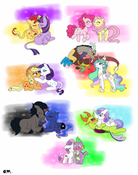 Size: 1014x1280 | Tagged: safe, artist:fallenangel5414, character:applejack, character:discord, character:fluttershy, character:king sombra, character:pinkie pie, character:princess celestia, character:princess flurry heart, character:princess luna, character:rarity, character:spike, character:sunset shimmer, character:sweetie belle, character:thorax, character:twilight sparkle, character:twilight sparkle (alicorn), species:alicorn, species:changeling, species:dragon, species:earth pony, species:pegasus, species:pony, species:reformed changeling, species:unicorn, ship:dislestia, ship:flutterpie, ship:lumbra, ship:rarijack, ship:spikebelle, ship:sunsetsparkle, clothing, cowboy hat, curved horn, cute, cutelestia, diapinkes, diasweetes, discute, female, flurrax, flurrybetes, hat, hoof shoes, jackabetes, kissing, leonine tail, lesbian, lunabetes, male, mare, raribetes, shimmerbetes, shipping, shyabetes, sombradorable, spikabetes, straight, thorabetes, twiabetes