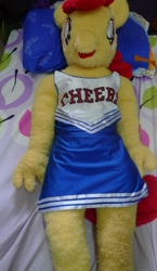 Size: 847x1460 | Tagged: safe, artist:liggliluff, artist:redness, character:apple bloom, species:anthro, anthro plushie, bed, cheerleader, clothing, dress, irl, photo, plushie