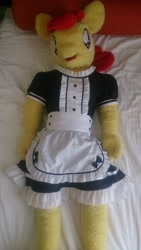Size: 2204x3920 | Tagged: safe, artist:liggliluff, artist:redness, character:apple bloom, species:anthro, anthro plushie, bed, clothing, female, irl, maid, photo, plushie, solo