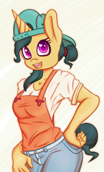 Size: 881x1446 | Tagged: safe, artist:breeoche, derpibooru original, character:fresh coat, species:anthro, species:unicorn, g4, apron, backwards ballcap, baseball cap, cap, clothing, colored pupils, female, hat, heart eyes, looking at you, mare, open mouth, simple background, solo, three quarter view, wingding eyes