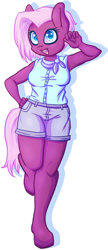 Size: 608x1413 | Tagged: safe, artist:breeoche, derpibooru original, character:jasmine leaf, species:anthro, species:earth pony, species:unguligrade anthro, episode:discordant harmony, g4, my little pony: friendship is magic, armpits, background pony, clothing, colored pupils, cute, female, heart eyes, jasminebetes, looking at you, mare, open mouth, open smile, simple background, smiling, solo, standing, standing on one leg, tea pony, white background, wingding eyes