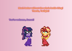 Size: 504x357 | Tagged: safe, artist:verve, character:sunset shimmer, character:twilight sparkle, character:twilight sparkle (scitwi), species:eqg human, my little pony:equestria girls, ain't never had friends like us, ask, bra, clothing, genie, glasses, gradient background, pixel art, shantae, shoes, tumblr, underwear