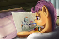 Size: 1200x800 | Tagged: safe, artist:sa1ntmax, character:rainbow dash, character:scootaloo, species:pegasus, species:pony, g4, bed, blanket, colored eyebrows, crayon, crayon drawing, cute, cutealoo, drawing, eyebrows, female, filly, hospital, mouth hold, pillow, profile, signature, smiling, solo, tabun art-battle, tabun art-battle cover