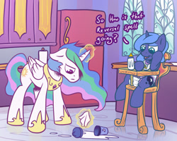 Size: 1280x1024 | Tagged: safe, artist:sylph-space, character:princess celestia, character:princess luna, species:alicorn, species:pony, age regression, bib, bottle, cup, diaper, duo, female, filly, foal, kitchen, magic, milk, momlestia, spill, telekinesis, woona, younger