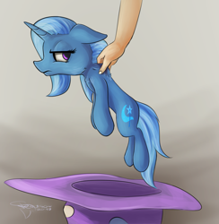 Size: 2355x2415 | Tagged: safe, artist:ferasor, character:trixie, species:human, species:pony, clothing, female, hat, mare, offscreen character, scruff, simple background, trixie's hat, unamused