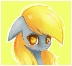 Size: 1000x924 | Tagged: safe, artist:derpiihooves, character:derpy hooves, species:pegasus, species:pony, bust, colored pupils, cute, derpabetes, female, floppy ears, looking at you, mare, portrait, simple background, smiling, solo, yellow background