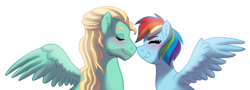 Size: 1280x459 | Tagged: safe, artist:cascayd, character:rainbow dash, character:zephyr breeze, species:pony, alternate hairstyle, blushing, cute, dashabetes, female, male, nose to nose, nuzzling, profile, shipping, simple background, smiling, smirk, spread wings, straight, white background, wings, zephdash, zephyrbetes