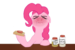 Size: 800x533 | Tagged: safe, artist:sa1ntmax, character:pinkie pie, species:earth pony, species:pony, cringing, crying, female, floppy ears, food, horseradish, mustard, red face, russian, sauce, solo