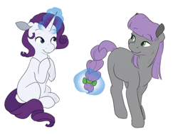 Size: 2246x1694 | Tagged: safe, artist:rue-willings, character:maud pie, character:rarity, species:earth pony, species:pony, species:unicorn, ship:rarimaud, braided tail, female, lesbian, magic, mare, missing cutie mark, shipping, simple background, white background