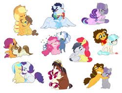 Size: 5200x3954 | Tagged: safe, artist:marukouhai, character:apple bloom, character:applejack, character:caramel, character:cheese sandwich, character:cherry jubilee, character:coco pommel, character:featherweight, character:ivory, character:ivory rook, character:maud pie, character:pinkie pie, character:pokey pierce, character:rainbow dash, character:rarity, character:rumble, character:scootaloo, character:soarin', character:starlight glimmer, character:trouble shoes, species:earth pony, species:pegasus, species:pony, species:unicorn, ship:carajack, ship:pokeypie, ship:soarindash, cheesecoco, cherryshoes, chibi, clothing, confetti, cowboy hat, curved horn, engrish, engrish in the description, female, glasses, hat, heart, high res, hug, ivority, lesbian, male, maudwich, older, prone, rumbloom, scootaweight, shipping, simple background, sitting, starmaud, story included, straight, wall of tags, white background