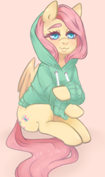 Size: 532x890 | Tagged: safe, artist:pettankochanv, character:fluttershy, species:pony, clothing, female, hoodie, simple background, solo