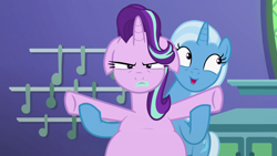 Size: 1920x1080 | Tagged: safe, artist:neongothic, edit, edited screencap, screencap, character:starlight glimmer, character:trixie, species:pony, episode:all bottled up, g4, my little pony: friendship is magic, belly, big belly, bloated, fat, fat edit, floppy ears, food, food baby, ice cream, large belly, starlard glimmer, story included, that pony sure does love ice cream, trixie's puppeteering, weight gain