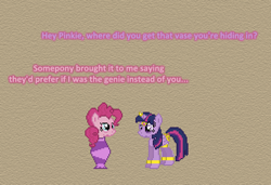 Size: 504x345 | Tagged: safe, artist:verve, character:pinkie pie, character:twilight sparkle, character:twilight sparkle (alicorn), species:alicorn, species:earth pony, species:pony, episode:fame and misfortune, g4, my little pony: friendship is magic, armband, ask genie twilight, comic, female, genie, headband, horn cap, leg brace, mare, vase, wing jewelry