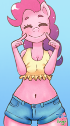 Size: 1064x1920 | Tagged: safe, artist:talimingi, character:pinkie pie, species:anthro, species:earth pony, species:pony, belly button, blue background, clothing, daisy dukes, eyes closed, female, midriff, shorts, signature, simple background, smiling, solo, top