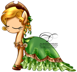 Size: 1002x932 | Tagged: safe, artist:tiffanymarsou, oc, oc only, oc:serenity rose, species:earth pony, species:pony, clothing, commission, cowboy hat, dress, eyes closed, female, gala dress, hat, mare, solo, stetson