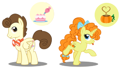 Size: 2637x1477 | Tagged: safe, artist:katnekobase, artist:strawberry-spritz, base used, character:pound cake, character:pumpkin cake, bow tie, cake, cake twins, cutie mark, food, heavy edited, high res, implied reincarnation, older, pumpkin, simple background, tongue out