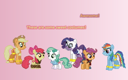 Size: 504x317 | Tagged: safe, artist:verve, character:apple bloom, character:applejack, character:rainbow dash, character:rarity, character:scootaloo, character:sweetie belle, species:earth pony, species:pegasus, species:pony, species:unicorn, episode:campfire tales, g4, my little pony: friendship is magic, ain't never had friends like us, armband, clothing, costume, cutie mark crusaders, female, genie, gradient background, headband, leg brace, mare, veil, wing jewelry